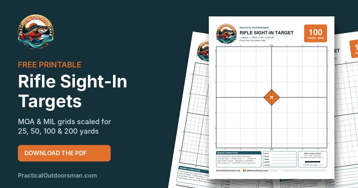 Free printable rifle sight-in targets with MOA and MIL grids for 25, 50, 100 and 200 yards